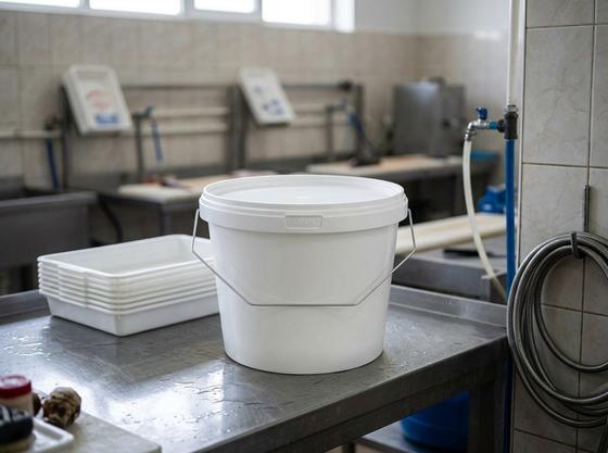 White 2.3 L plastic bucket with metal bail handle and lid on a steel table in a fish processing room