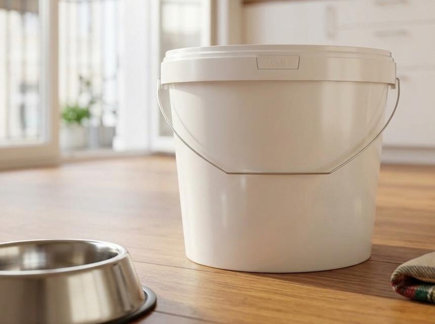 White 5.6 L plastic bucket with metal bail handle and lid on an apartment kitchen floor, next to a metal pet food bowl