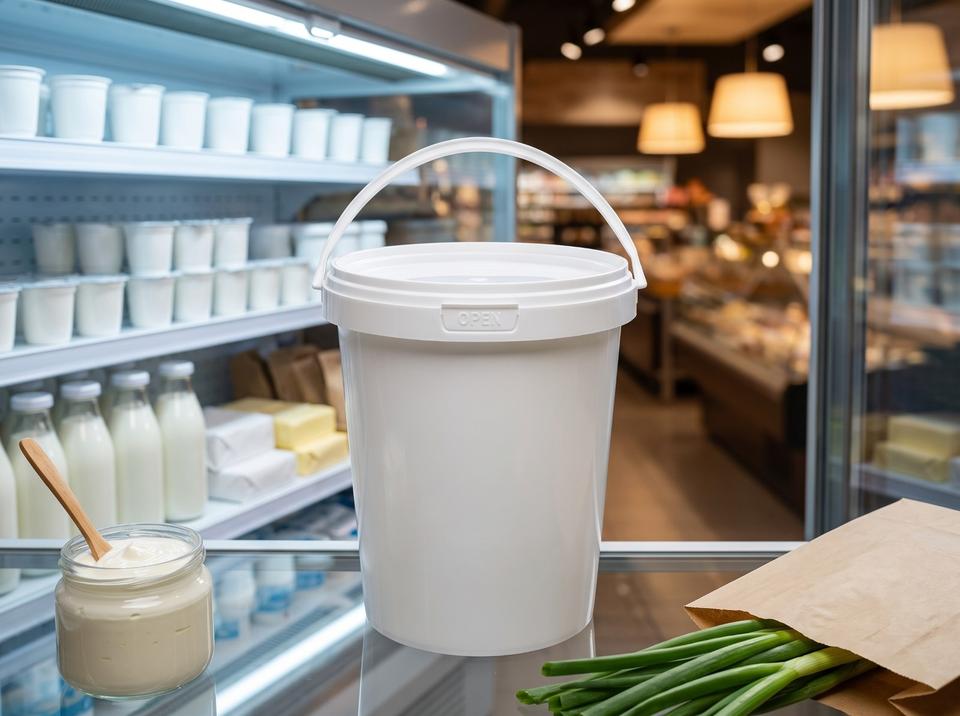 900 ml plastic bucket in a dairy display case