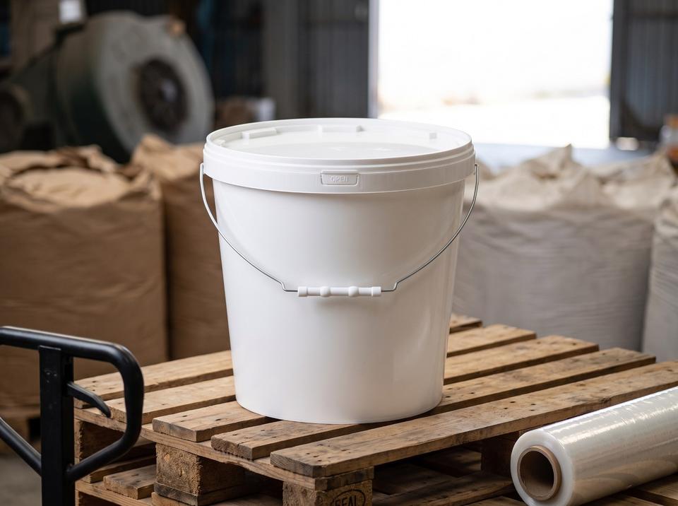 White 15 liter plastic bucket with lid and bail handle with plastic grip on a wooden pallet in a building-supplies warehouse in Shymkent, next to a pallet jack handle and a roll of stretch film