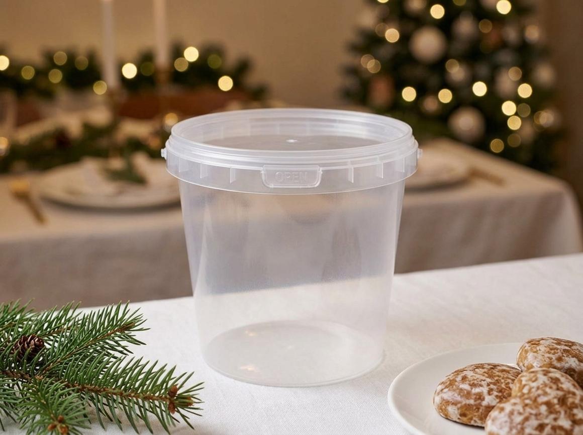 Clear 1 L plastic bucket with lid on a holiday table next to a fir branch