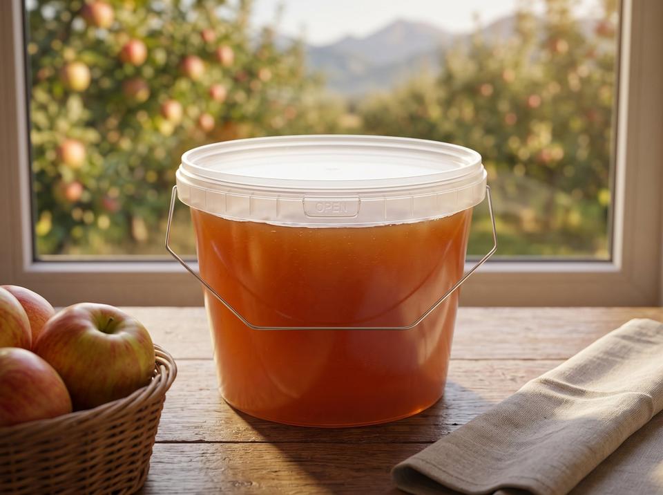 Clear 2.3 L plastic bucket of apple butter with metal bail handle on a wooden table by a window overlooking an apple orchard