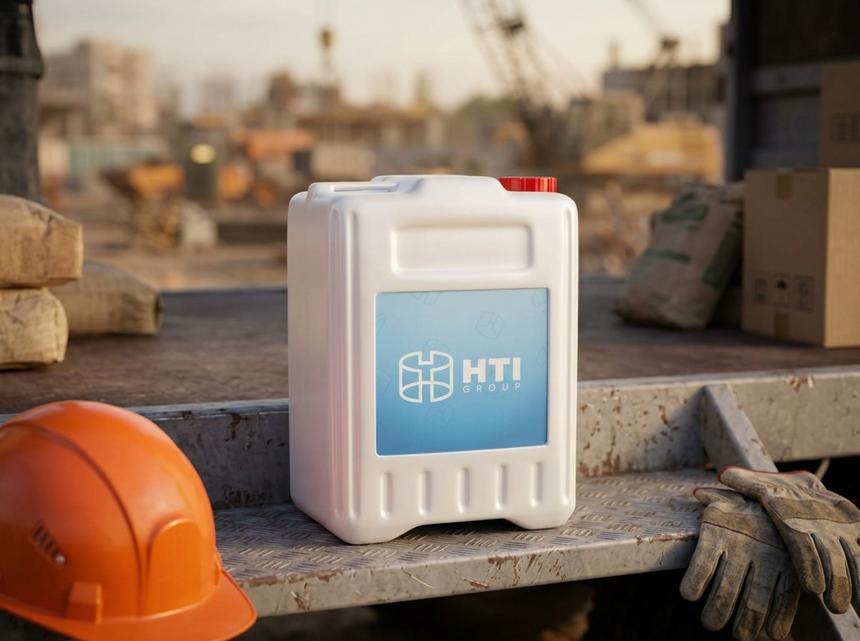 White 10-liter plastic jerry can on the metal step of a construction trailer next to an orange hard hat