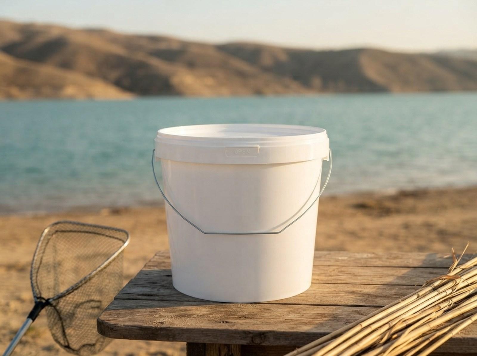 White 5.6 L plastic bucket with a metal bail handle and lid on a fisherman's wooden table on the sandy shore of the Kapshagay Reservoir, next to a landing net