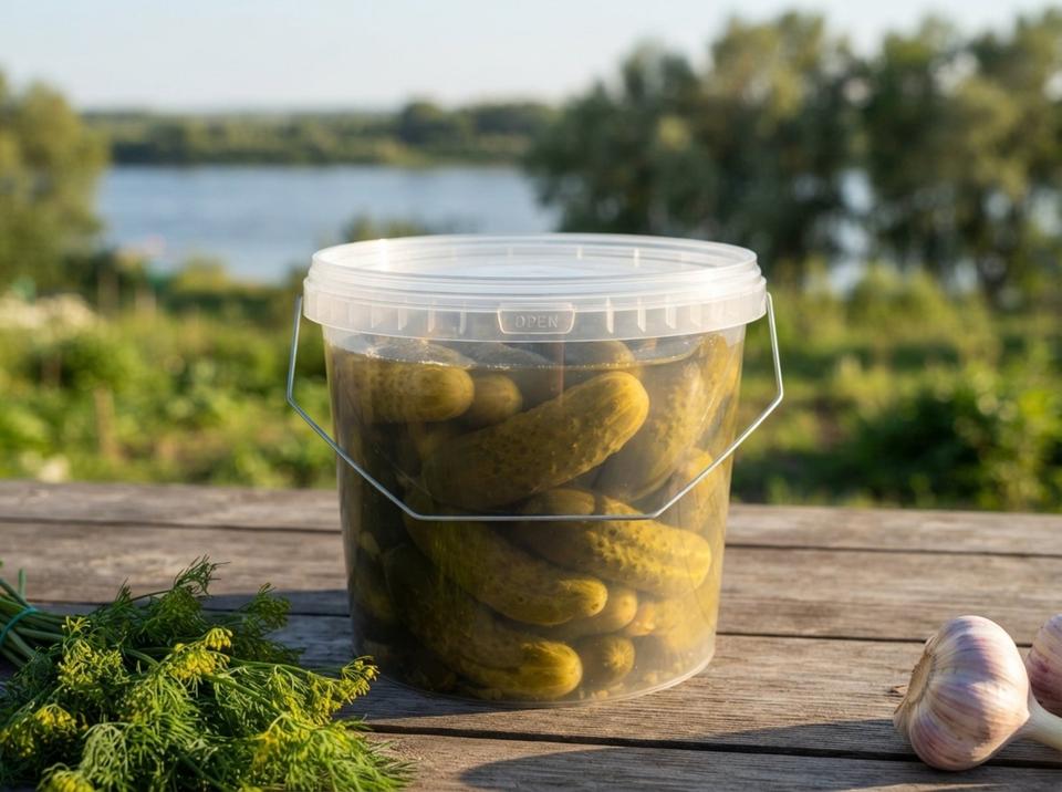 Clear 3.8 L plastic bucket of pickled cucumbers with lid on a garden table by the Irtysh, a bunch of dill on the left, a head of garlic on the right, and the river and willows behind