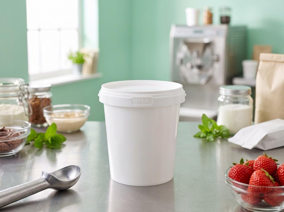 White 850 ml plastic bucket with lid on a stainless steel table in an ice cream plant