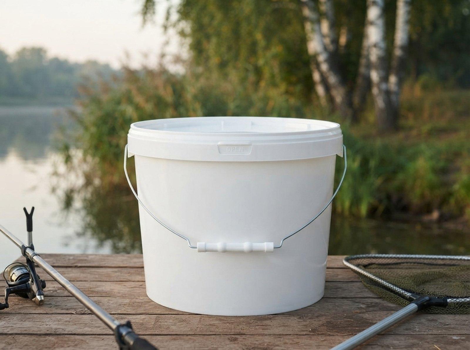 White 8 L plastic bucket with a metal bail handle, plastic grip, and lid on a wooden jetty on the bank of the Tobol River next to a fishing rod