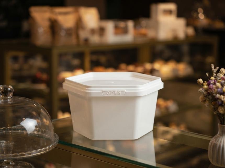 Clear 250 ml hexagonal plastic container with lid on a glass display case in a pastry shop next to a glass cake dome