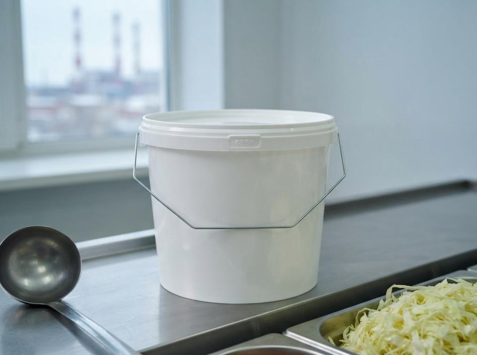 White 3.8 L plastic bucket with lid and metal bail handle on a steel shelf in a factory canteen kitchen, a ladle on the left, a tray of shredded cabbage on the right, and power plant smokestacks in the window