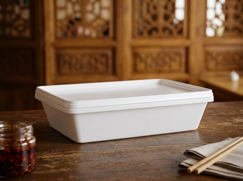 White 750 ml flat plastic tray with lid on the wooden counter of a Dungan cafe in Karakol, next to a small jar of red chili oil