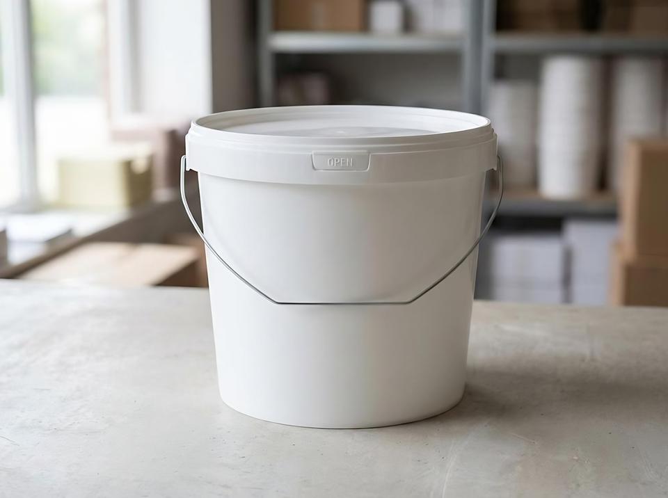 White 5.6 L plastic bucket with metal bail handle and lid