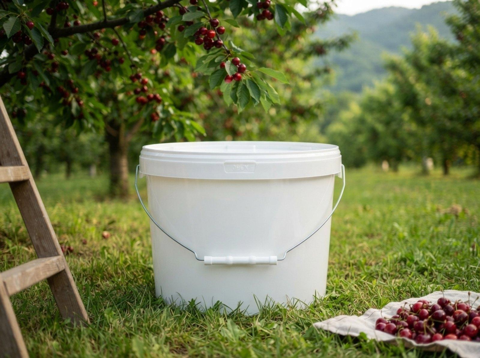 White 8 L plastic bucket with lid and metal bail handle with plastic grip on the grass under a cherry tree in an orchard in Nookat District
