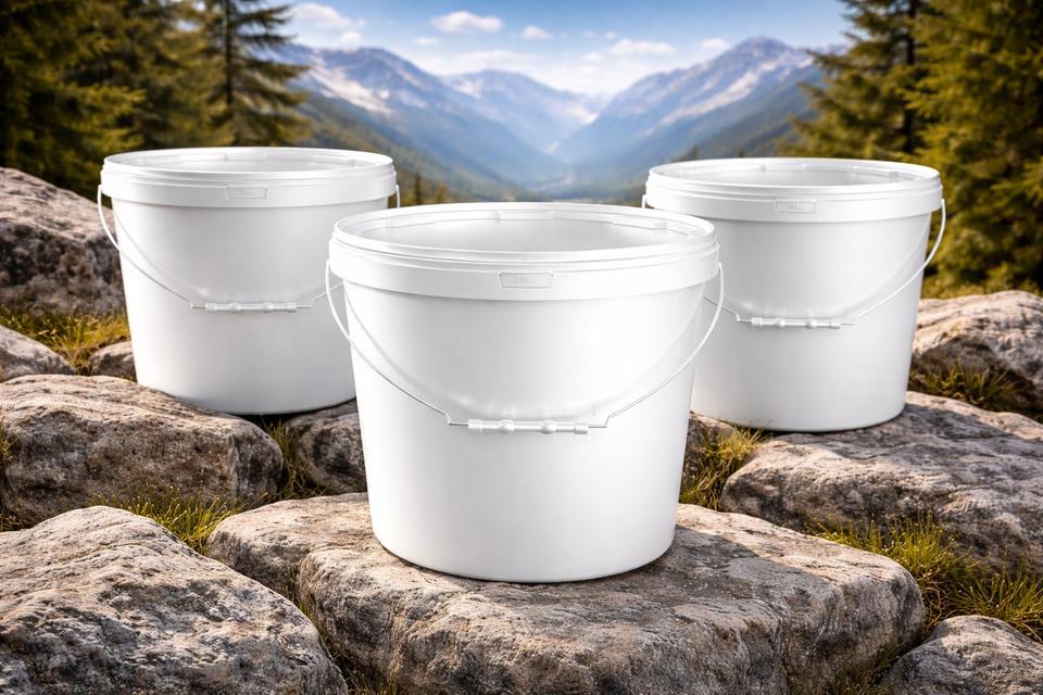 Plastic buckets with metal bail handles on rocks in the mountains of Kyrgyzstan