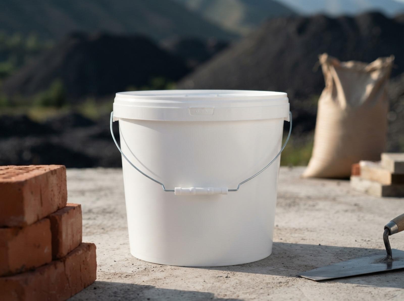 White 18 L plastic bucket with lid and metal bail handle with plastic grip on the concrete slab of a house under construction in a mountain coal-mining town