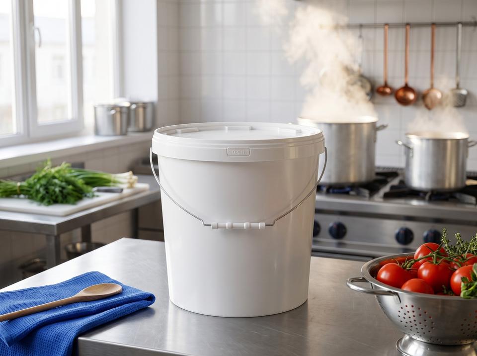 15 L plastic bucket with lid in a factory cafeteria kitchen