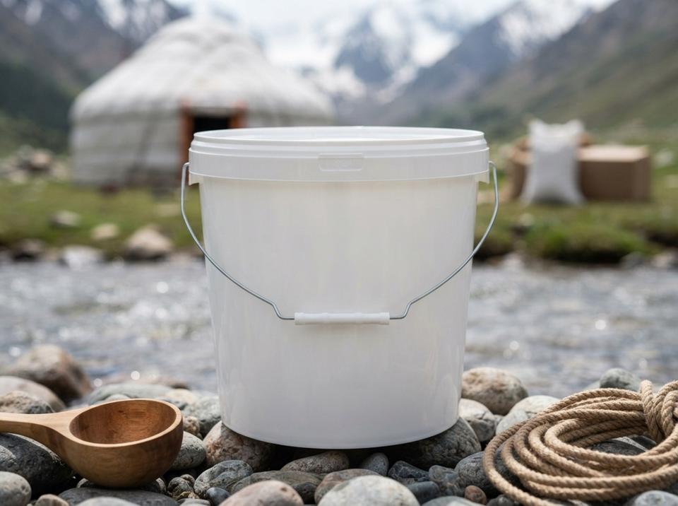 White 15 L plastic bucket with lid and metal bail handle with plastic grip on rocks by a mountain stream, next to a wooden ladle, with a yurt and snowy peaks behind