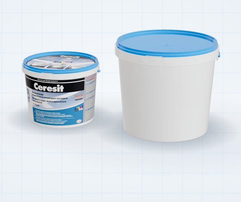 2.3 L bucket with print artwork next to a 5.6 L bucket at the same scale